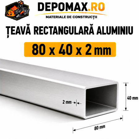 Teava rectangulara aluminiu 80 x 40 x 2 mm, 6 metri (EN AW-6060)
